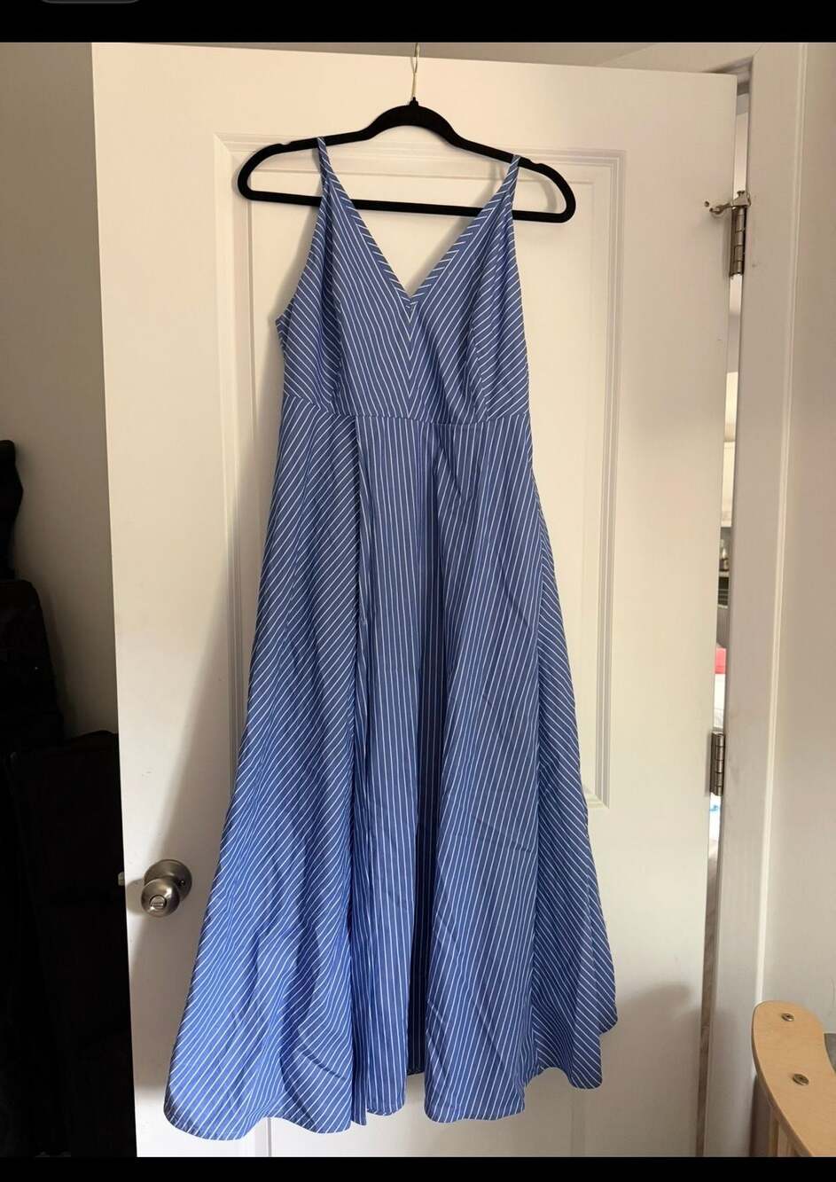 COS Blue and White Striped V-Neck Cotton Maxi Dress